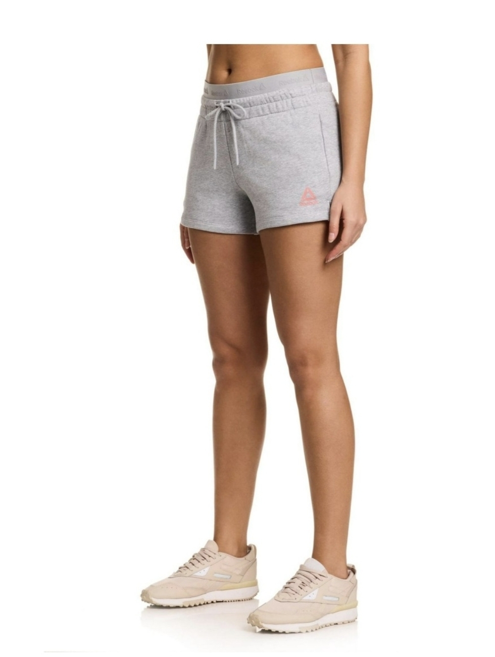 Reebok Women’s Pre Season Light Gray Athletic Drawstring Shorts with Pink Logo